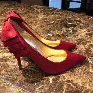 Satin Red Stiletto Heels with Bow.